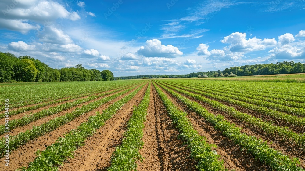 A wide shot of a carrot field under a bright blue sky, with rows of green plants stretching into the horizon. Perfect for agricultural and rural landscape visuals. A wide shot of a carrot field under a bright blue sky, with rows of green plants stretching into the horizon. Perfect for agricultural and rural landscape visuals.