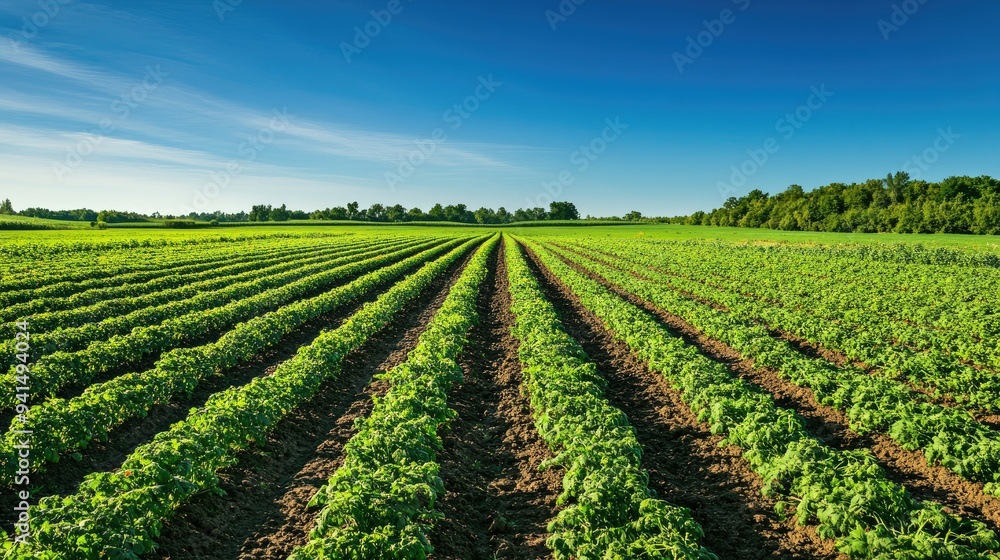 A wide shot of a flourishing carrot field under a clear blue sky, with rows of green foliage extending into the distance. Perfect for showcasing the abundance of the harvest. A wide shot of a flourishing carrot field under a clear blue sky, with rows of green foliage extending into the distance. Perfect for showcasing the abundance of the harvest.