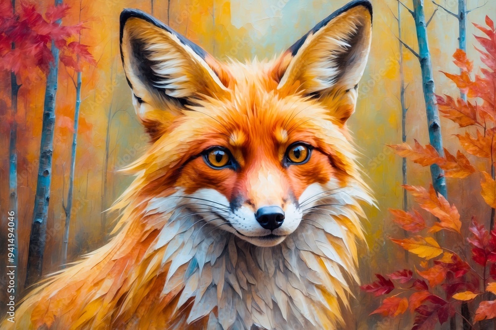 Fototapeta premium Colorful abstract portrait painting of a red fox woodland, animal in forest, fall autumn nature theme concept texture design. 