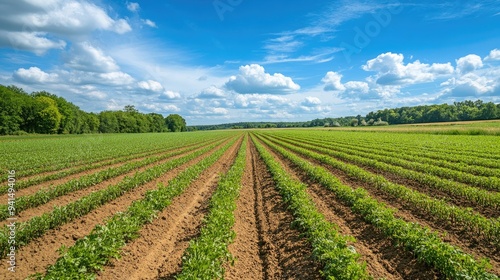 A wide shot of a carrot field under a bright blue sky, with rows of green plants stretching into the horizon. Perfect for agricultural and rural landscape visuals.