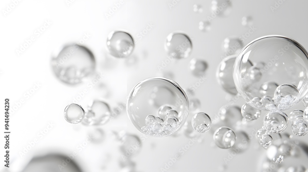 Fototapeta premium CG Transparent Bubble Cluster: A cluster of transparent CG bubbles, varying in size, floating on a white background. 