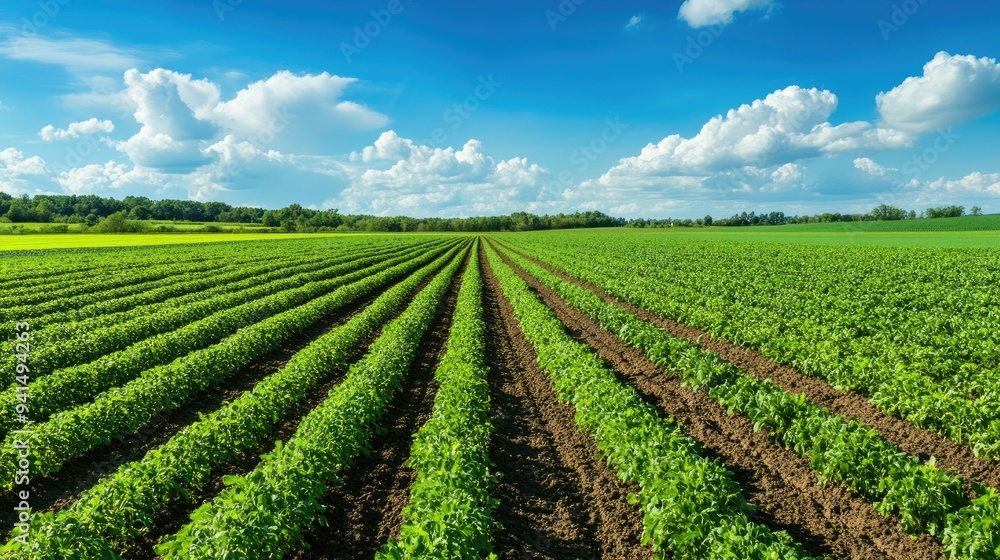 A wide shot of a thriving carrot field, with endless rows of green under a vibrant blue sky. Perfect for rural landscape and farming visuals. A wide shot of a thriving carrot field, with endless rows of green under a vibrant blue sky. Perfect for rural landscape and farming visuals.