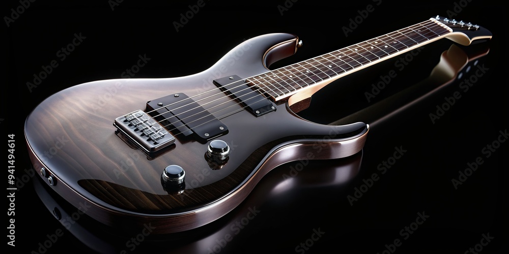 Obraz premium Closeup of a sleek guitar body with a glossy finish captured from an aerial perspective set against a black background, sound, closeup, harmony, art, electric guitar, instrument body