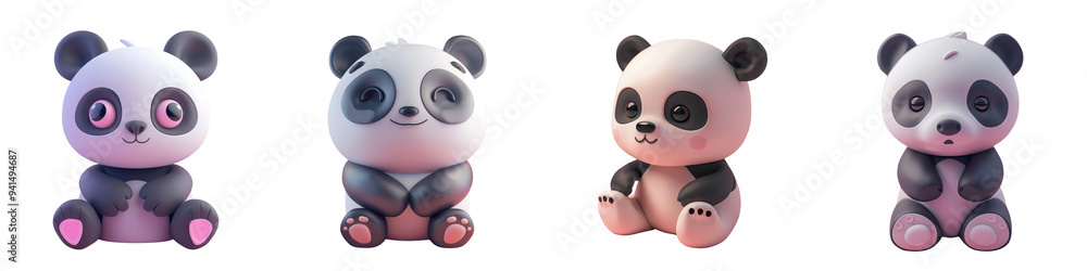 Four cute cartoon pandas in various poses, perfect for children's illustrations, designs, or playful decor. Four cute cartoon pandas in various poses, perfect for children's illustrations, designs, or playful decor.