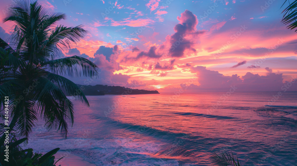 A beautiful sunset over the ocean with a palm tree in the foreground A beautiful sunset over the ocean with a palm tree in the foreground
