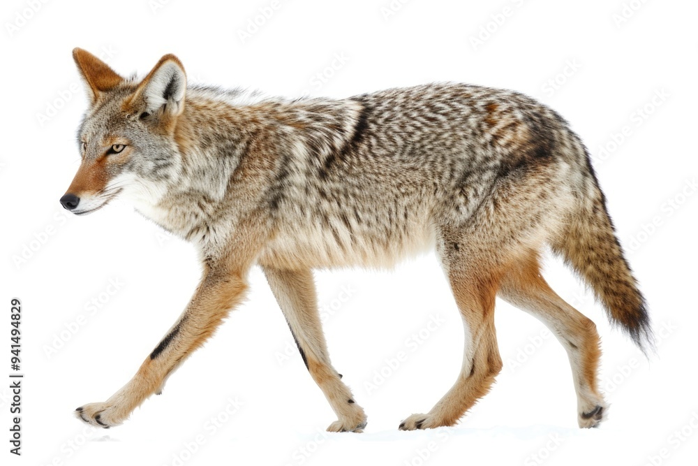 A coyote walks across a snow-covered field A coyote walks across a snow-covered field