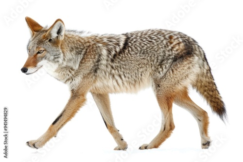 A coyote walks across a snow-covered field