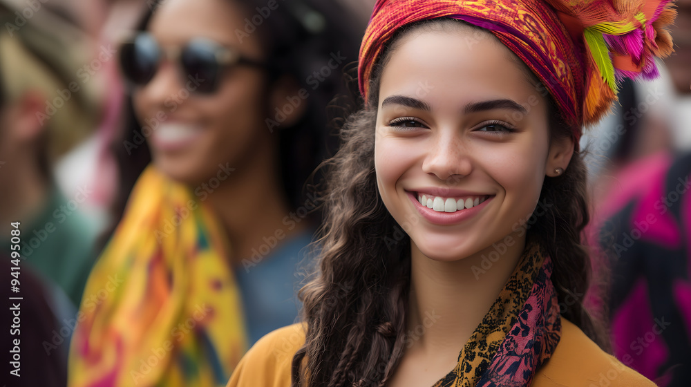 Smiling young woman wearing a colorful headscarf in a vibrant outdoor festival crowd, focus on face, copy space Smiling young woman wearing a colorful headscarf in a vibrant outdoor festival crowd, focus on face, copy space