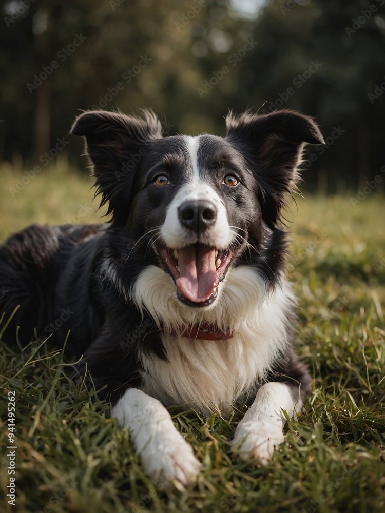 A happy border collie dog lying contentedly with its tongue out A happy border collie dog lying contentedly with its tongue out
