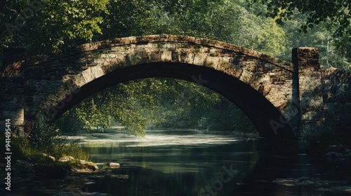 An old stone bridge arching over a river, with sharp shadows creating a contrast between the light and dark areas, emphasizing the bridgeaes curves.