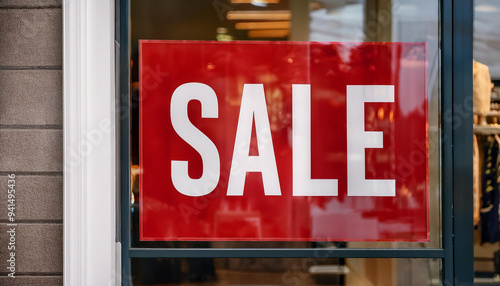 店舗のウィンドウに貼られた大きな赤い「SALE」サインの画像です。サインは目立つ赤地に白文字で書かれており、通行人に対して割引や特売を知らせる効果的なマーケティングツールとなっています。generative AI