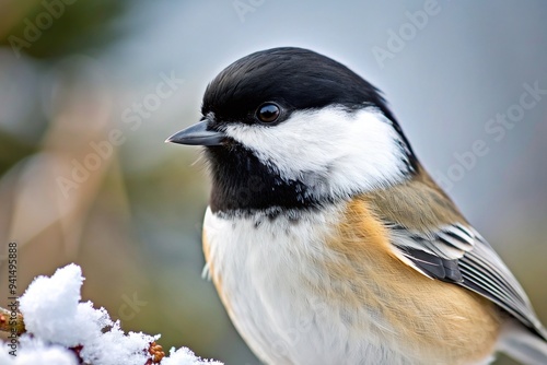 wild, wildlife, tree, wing, fluffy, seasonal, A close up shot of a black capped chickadee Poecile atricapillus in winter showcasing its distinctive black cap and white cheeks photo