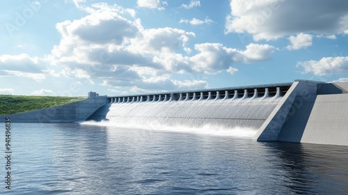 Background of a newly constructed dam with massive concrete walls and water flowing steadily through spillways photo