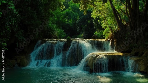Green Paradise: Kuang Si Waterfall, surrounded by rich green vegetation in Luang Prabang, Laos. A serene and picturesque natural scene.