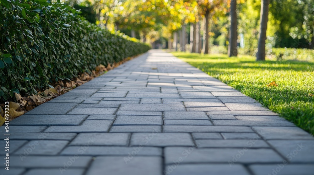 Background of a pedestrian sidewalk with smooth pavers, bordered by a low concrete wall and greenery Background of a pedestrian sidewalk with smooth pavers, bordered by a low concrete wall and greenery