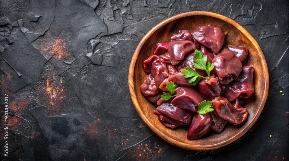 Top view of raw chicken liver offals on a wooden plate against dark background with empty space Top view of raw chicken liver offals on a wooden plate against dark background with empty space