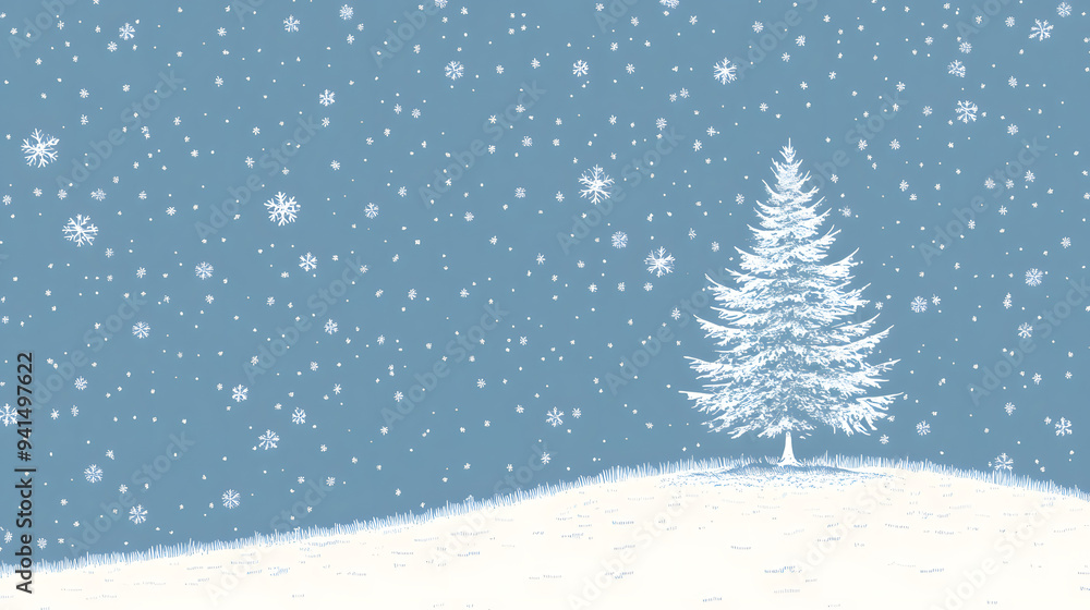 Obraz premium Pale Sky Blue Background with Subtle Snowflake Pattern and Minimalist White Pine Tree Outline, Evoking a Serene, Wintry Landscape. 