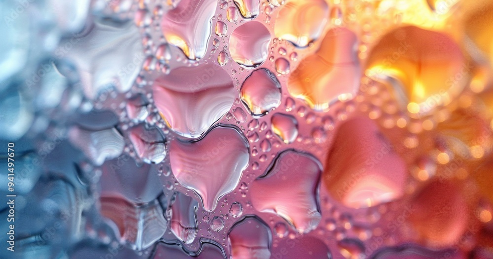 Vibrant Water Droplets on Clear Glass Surface, Colorful Abstract Art Vibrant Water Droplets on Clear Glass Surface, Colorful Abstract Art