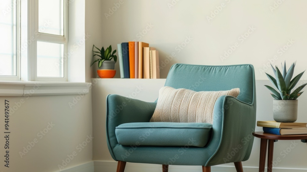Fototapeta premium Student and parent working together to create a comfortable reading corner with a plush chair adding a touch of relaxation and coziness to the new living space on moving day