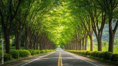 Green Tunnel: The picturesque metasequoia-lined road in Damyang, Korea, with trees creating a lush green tunnel. A serene and scenic walk.