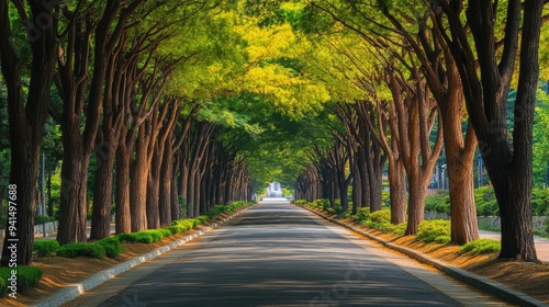 Green Tunnel: The picturesque metasequoia-lined road in Damyang, Korea, with trees creating a lush green tunnel. A serene and scenic walk.