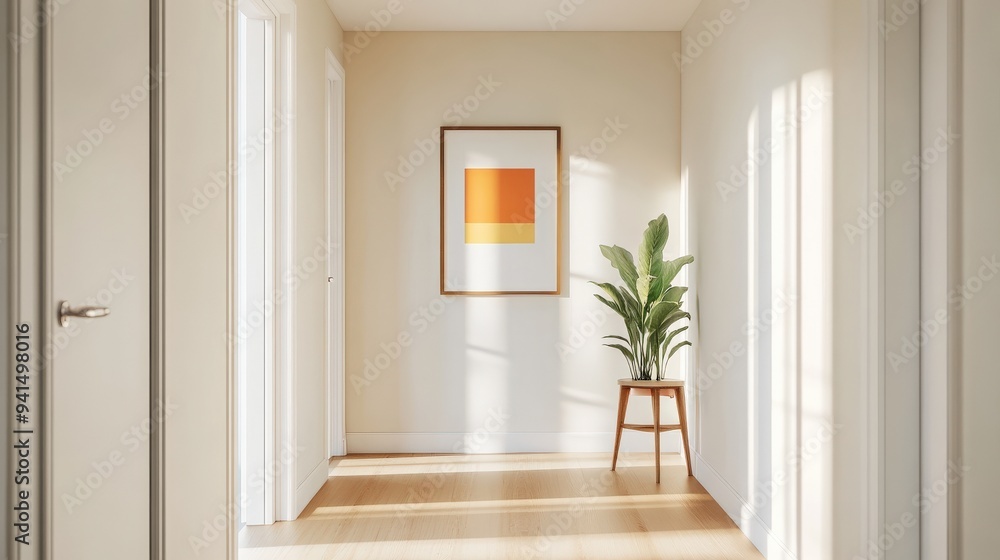 Minimalist Hallway with Framed Art and Potted Plant in Natural Light Minimalist Hallway with Framed Art and Potted Plant in Natural Light