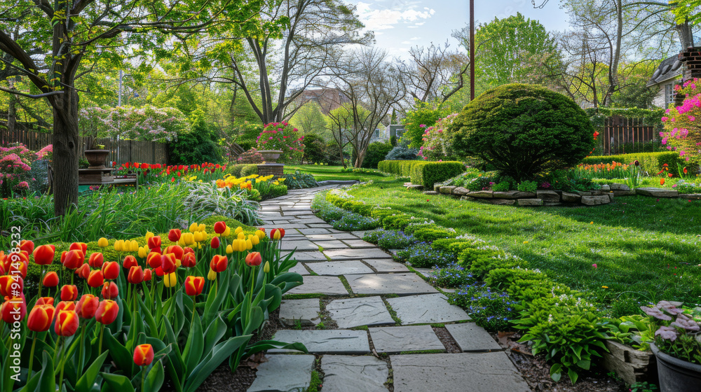 A path lined with colorful flowers and a stone walkway A path lined with colorful flowers and a stone walkway