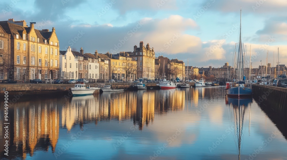 Fototapeta premium Beautiful waterfront view of boats and historic buildings at sunset