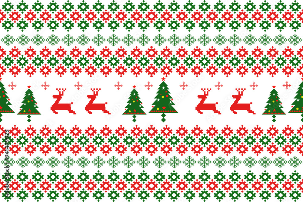 Seamless Christmas pattern with green and red Christmas trees,santa,reindeer perfect for festive decorations, vintage designs, and holiday-themed textiles,Traditional ethnic, geometric Seamless Christmas pattern with green and red Christmas trees,santa,reindeer perfect for festive decorations, vintage designs, and holiday-themed textiles,Traditional ethnic, geometric