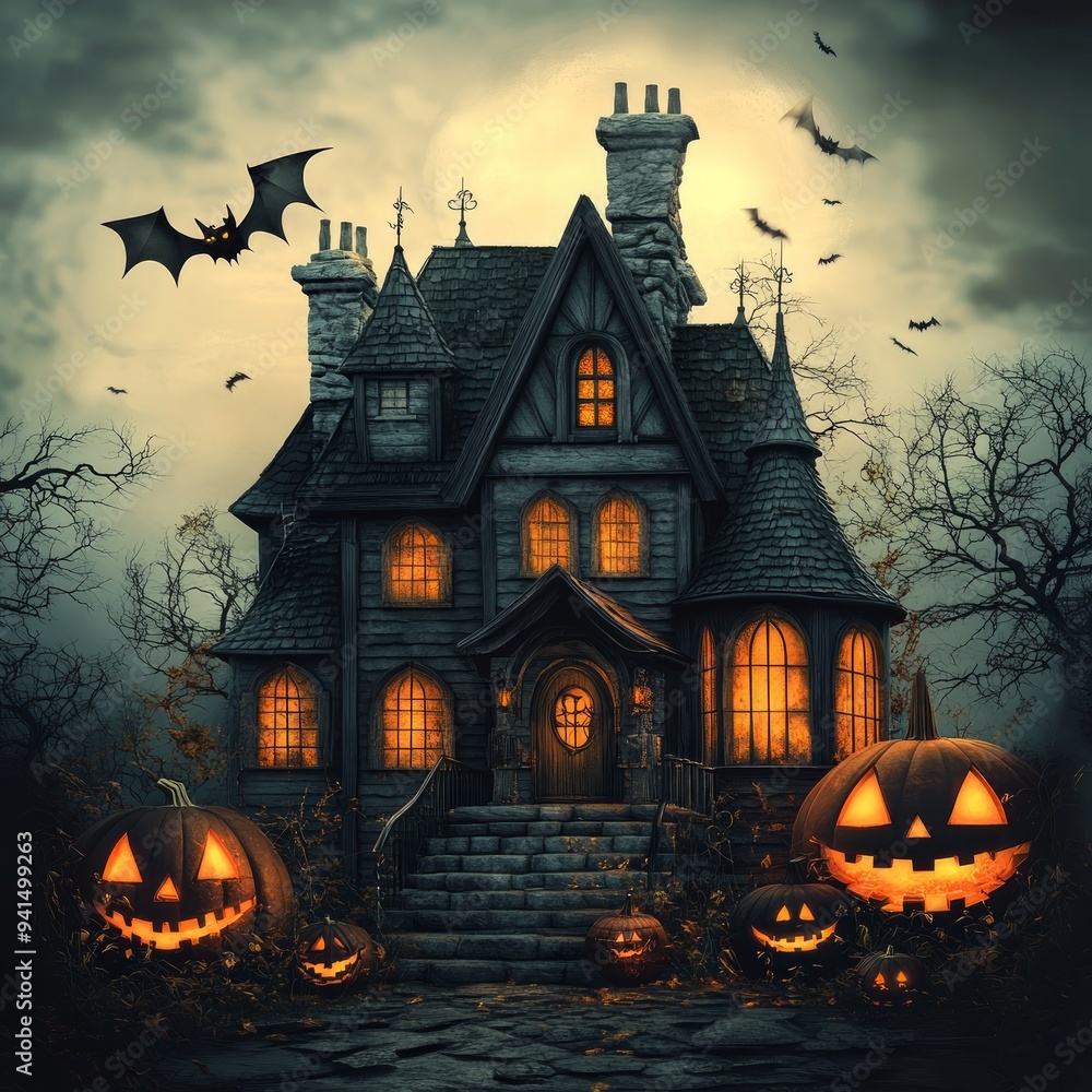 A halloween house and bat flying around the house A halloween house and bat flying around the house
