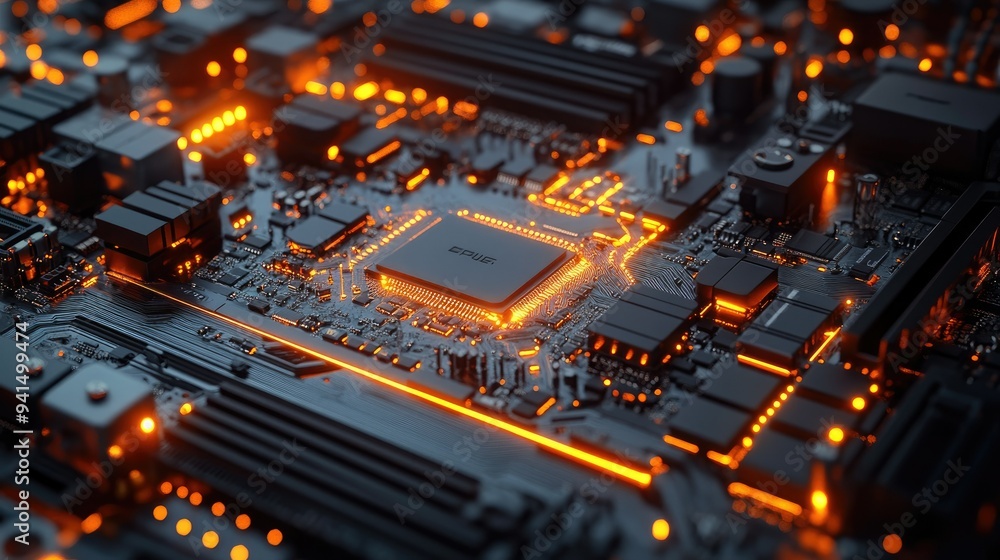 Fototapeta premium Close-up of a sleek motherboard with glowing circuits and neatly arranged components, capturing the essence of modern computer technology