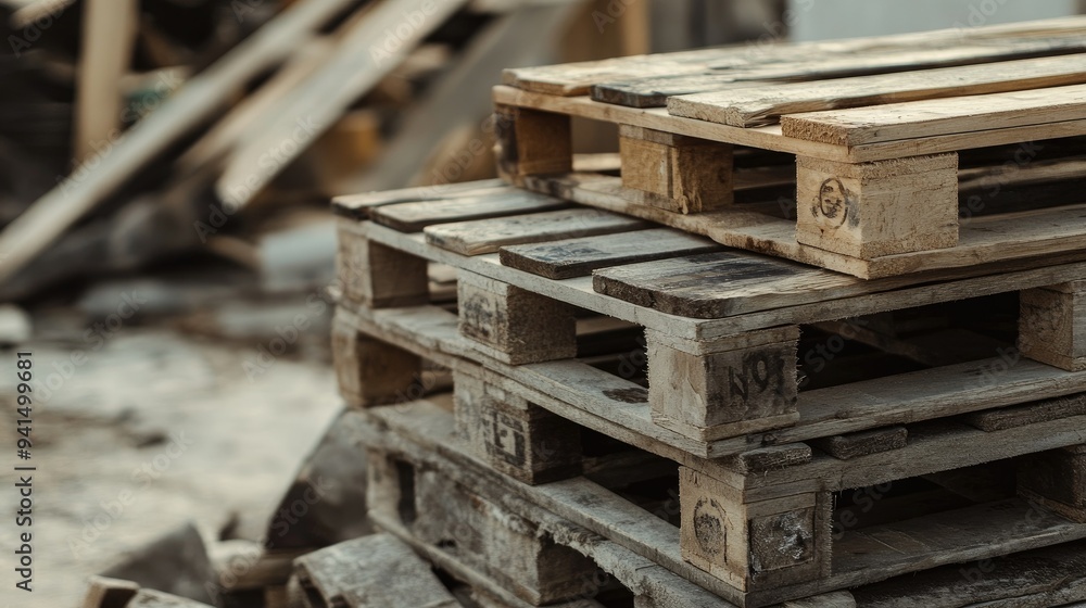 Close-up of a stack of wooden pallets with rough surfaces, surrounded by construction materials Close-up of a stack of wooden pallets with rough surfaces, surrounded by construction materials