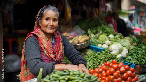 Elderly Indian woman vendor selling fresh vegetables at outdoor market stall in traditional attire, copy space
