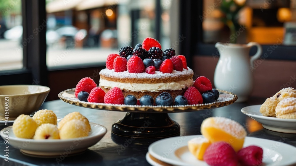A beautifully decorated berry cake surrounded by various delightful pastries in a cafe A beautifully decorated berry cake surrounded by various delightful pastries in a cafe