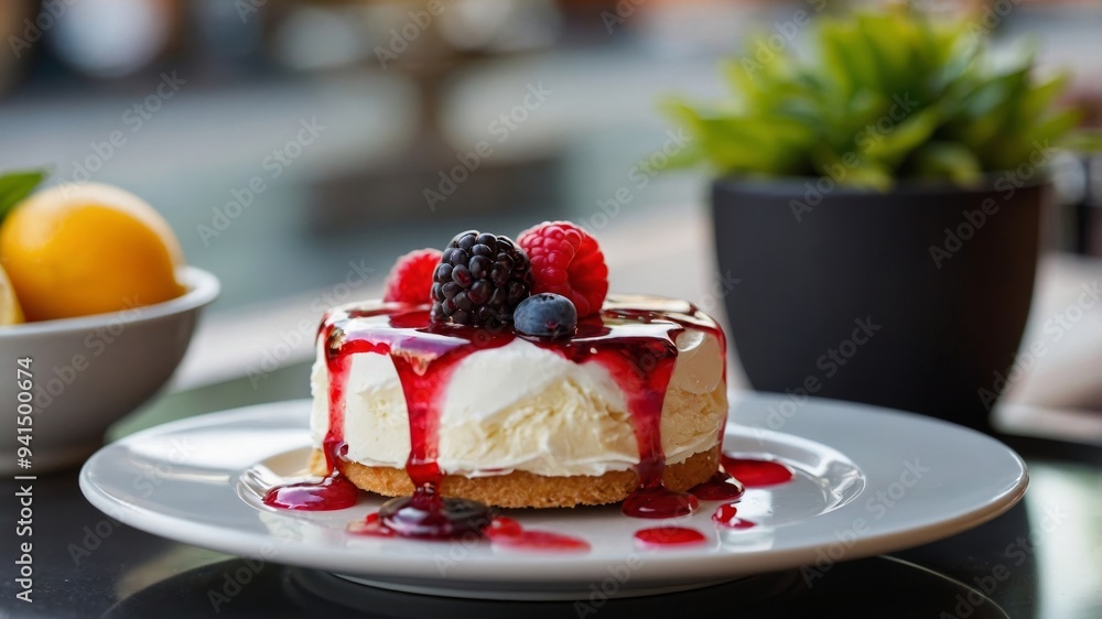A rich cheesecake garnished with fresh berries and syrup on a dining table A rich cheesecake garnished with fresh berries and syrup on a dining table