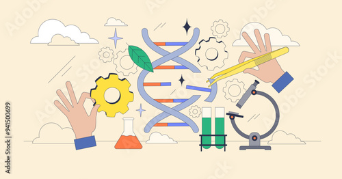 Genetic engineering as DNA sequencing and editing tiny neubrutalism concept. Biotechnological process with gene cloning and research vector illustration. Scientific helix genome structure research.