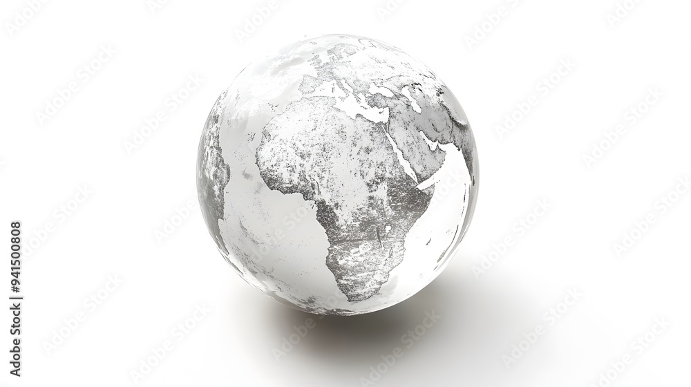 Fototapeta premium CG Transparent Globe: A CG-rendered transparent globe, with continents subtly etched on its surface, floating on a white background. 