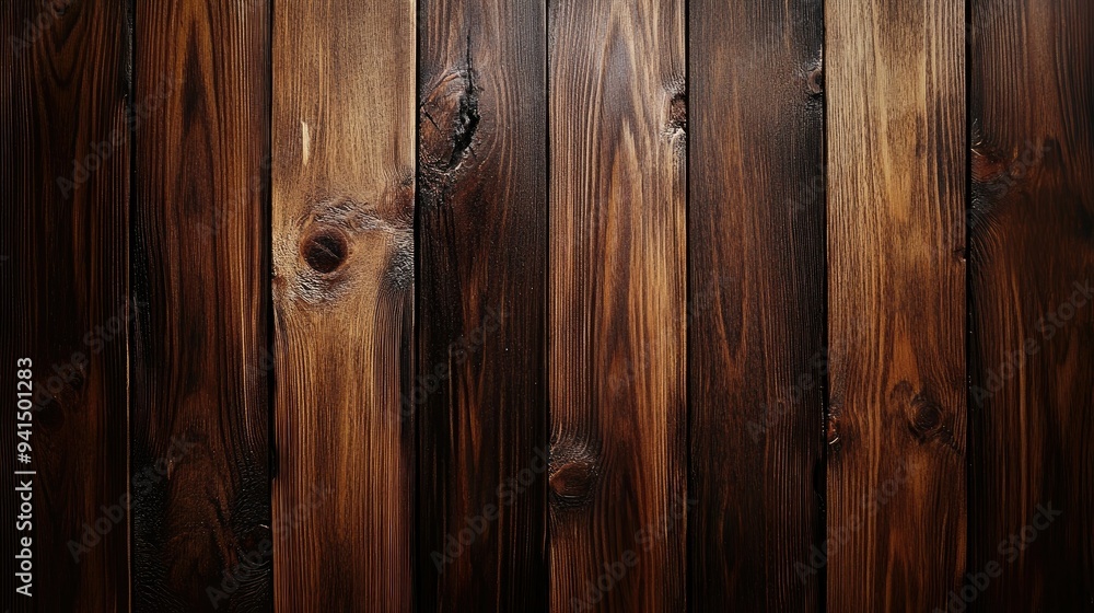Obraz premium Dark-stained wooden boards with pronounced grain patterns and a smooth finish, offering a rich and sophisticated background