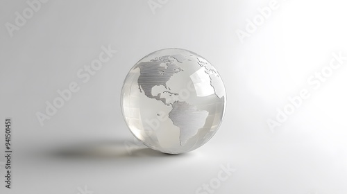 CG Transparent Globe: A CG-rendered transparent globe, with continents subtly etched on its surface, floating on a white background. 