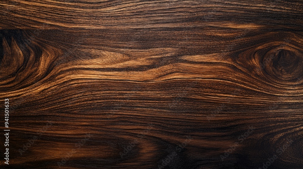 Fototapeta premium Dark-stained wooden surface with rich grain patterns and a smooth finish, creating a sophisticated and elegant background