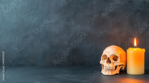 A human skull sits next to a lit candle against a dark background. photo