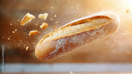 A loaf of bread in mid-air, with crumbs flying off.  The bread is golden brown and looks fresh. photo