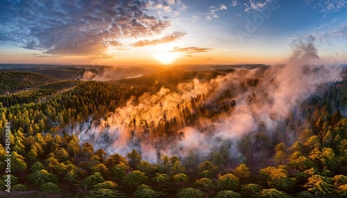 Breathtaking Sunrise Over Misty Forest Landscape