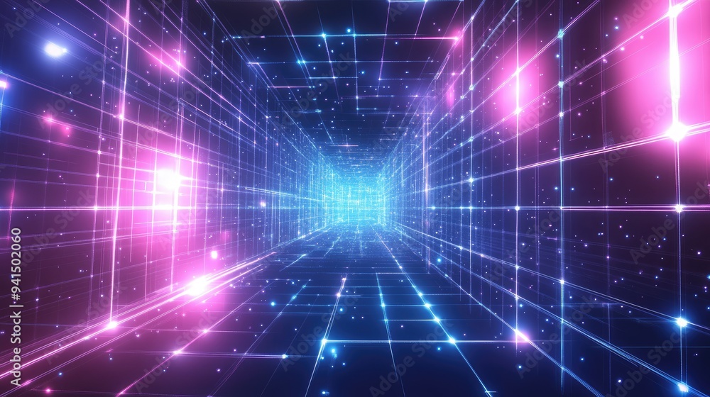 Obraz premium Futuristic abstract background with glowing wireframes and grid patterns, evoking a high-tech atmosphere