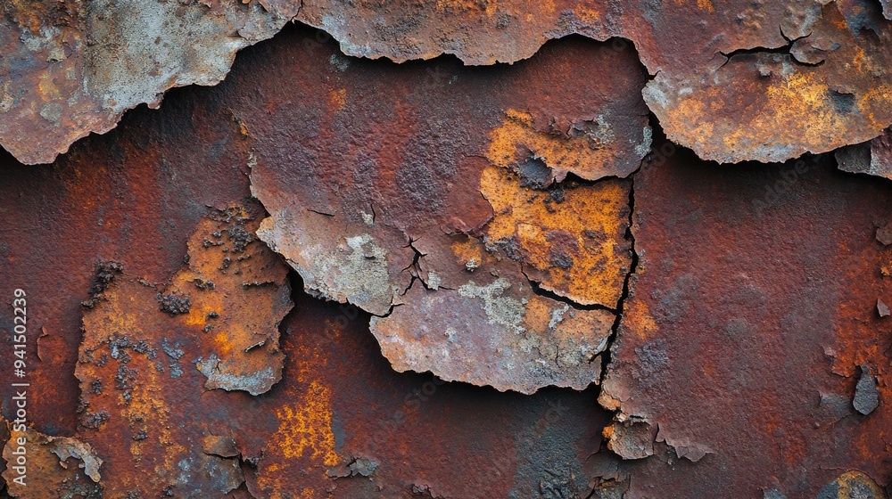 Heavily corroded iron sheet with deep rust, cracked paint, and textured surface, showing the passage of time Heavily corroded iron sheet with deep rust, cracked paint, and textured surface, showing the passage of time