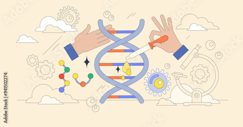 Molecular biology and biotechnology science study tiny neubrutalism concept. Genetic DNA helix research, sequencing or artificial editing for mutations and scientific innovations vector illustration.