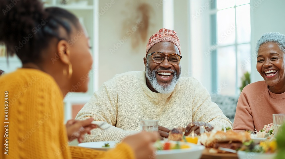 A multigenerational family shares a meal and laughter at a dining table. A multigenerational family shares a meal and laughter at a dining table.