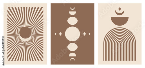 Sun and Moon Print. Set of 3 Boho Posters. Mid Century Modern Art. Abstract Day and Night Printable Wall Art. Neutral Beige. Brown Print Art. Beige and Brown. Vector illustration