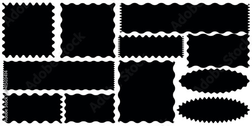 Geometric black color  zig zag wavy stickers. Wiggly  square badge, ate poster, banner, social media template. eps 10 Rectangle shape frame with zigzag edge Rectangular jagged curved box element .