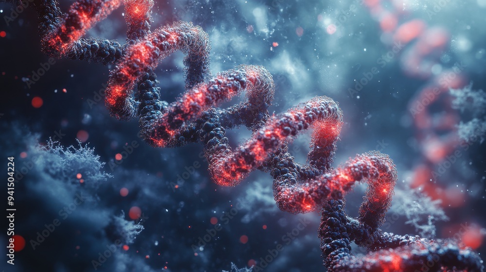 Detailed view of a DNA helix structure with red accents, highlighting the molecular composition and genetic information in a blue-tinted background. Detailed view of a DNA helix structure with red accents, highlighting the molecular composition and genetic information in a blue-tinted background.